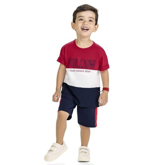 Imagem de Conjunto Kyly Camiseta em Algodão e Bermuda em Moletom -Listrado Vermelho