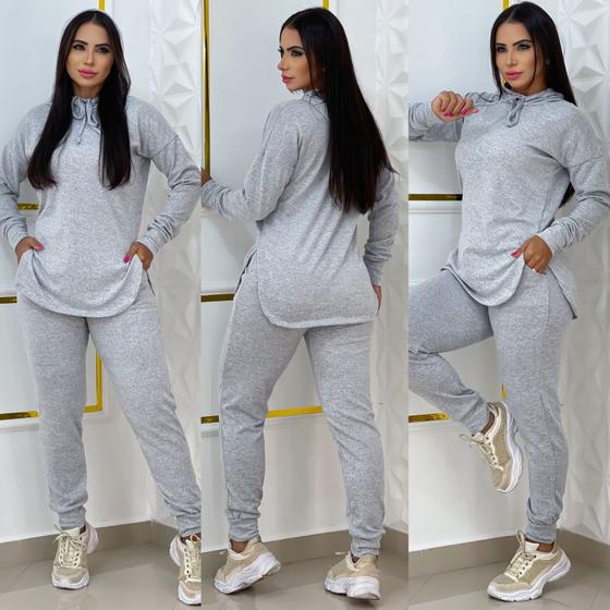 Imagem de Conjunto Lã Lãzinha Dia Dia Confortável Inverno Com Touca Cordão Lateral Calça Jogger em V Frio Moda