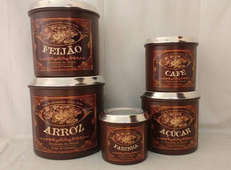 Conjunto Latas Mantimentos Retrô Vintage Camafeu 5 pçs - Marrom Menor preço em Conjunto Latas Mantimentos Retrô Vintage Camafeu 5 pçs - Marrom