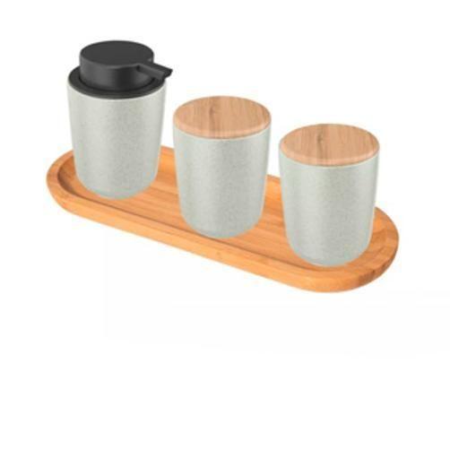 Imagem de Conjunto Lavabo Com Bandeja Bambu - Branco Marmorizado