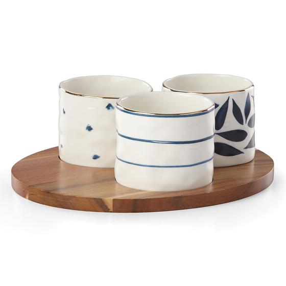 Imagem de Conjunto Lenox Blue Bay de 4 Peças - Tigelas e Bandejas para Lanches em Porcelana/Madeira