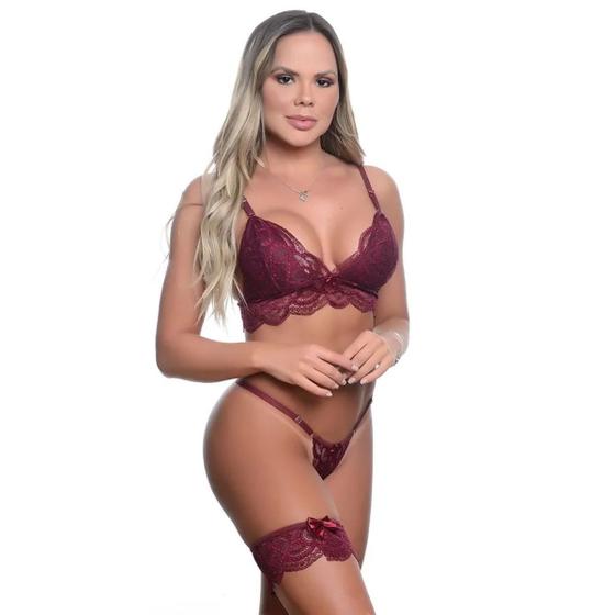 Imagem de Conjunto Lingerie Calcinha e Sutiã Rendado Sem Bojo Perneira Sensual Sex Vinho