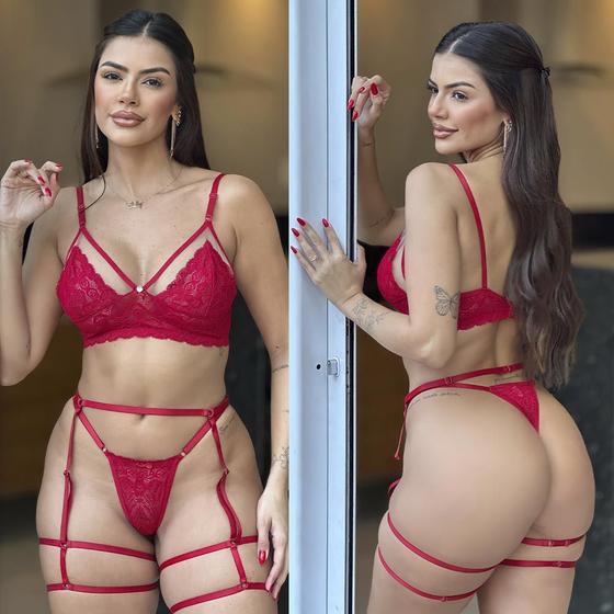 Imagem de Conjunto Lingerie Cinta Liga Calcinha Fio Renda