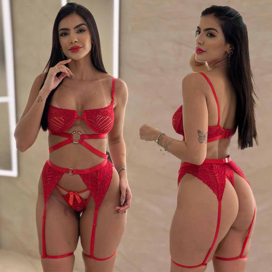 Conjunto Lingerie Cinta Liga Renda Meia Taça Sexy Calcinha Fio Sensual Transparente Menor preço em Conjunto Lingerie Cinta Liga Renda Meia Taça Sexy Calcinha Fio Sensual Transparente