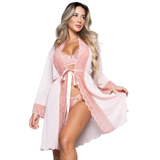 Imagem de Conjunto Lingerie Com Aro Sem bojo e Robe feminino Sexy em Renda e Tule Combo Linha Noite