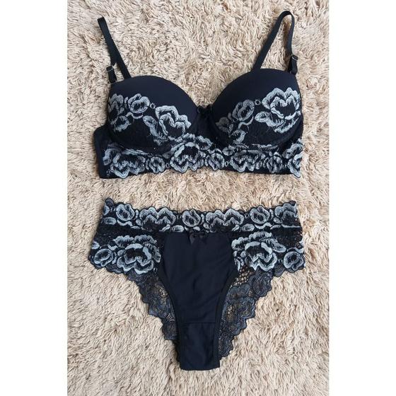 Imagem de Conjunto lingerie com bojo micro Fibra e renda Bicolor.