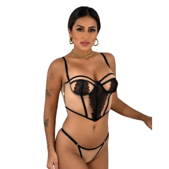 Imagem de Conjunto Lingerie Cropped Tule Invisível Rendado Sem Bojo