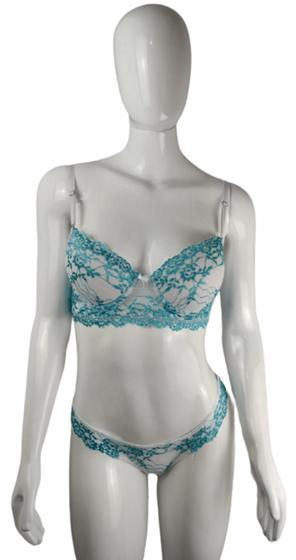 Imagem de Conjunto Lingerie de Renda Calcinha Fio Duplo Sutiã com Bojo e Aro Cores Claras - Tamanho G