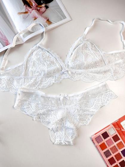 Imagem de Conjunto Lingerie de renda e tule com transparência - Branco