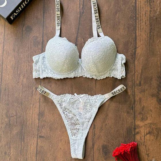 Imagem de Conjunto Lingerie Detalhe em Strass Com Brilho Com Bojo Calcinha Fio Rendado Blogueira