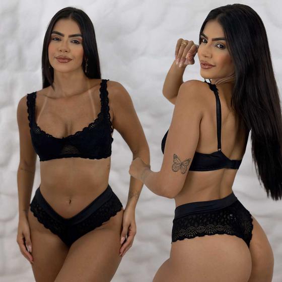 Imagem de Conjunto Lingerie Meia Taça Sem Bojo Renda Calcinha Fio Sexy