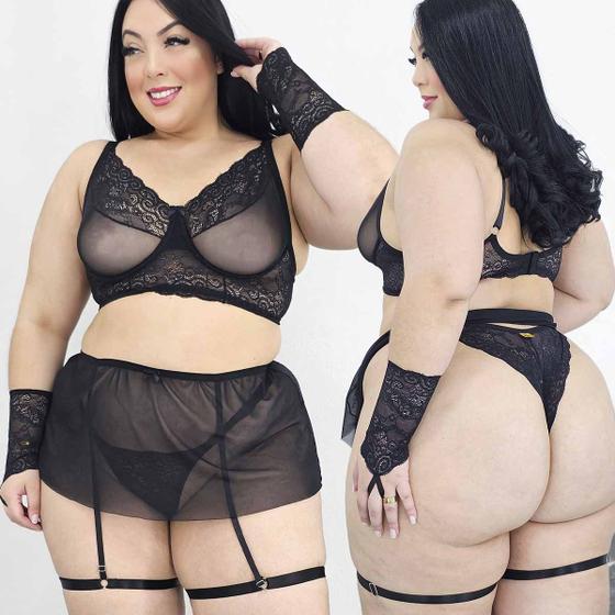 Imagem de Conjunto Lingerie Plus Size Cinta Liga Saia Tule Transparência Calcinha fio Luvas