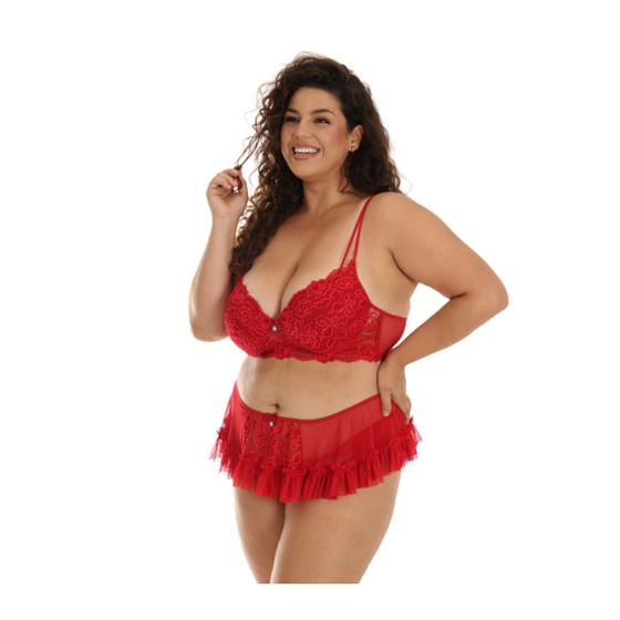 Imagem de Conjunto Lingerie Plus Size  Renda Sutia Calcinha Sainha Rubi