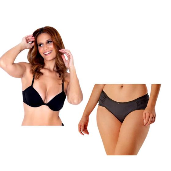 Imagem de Conjunto Lingerie Preto Sutiã Nadador Com Bojo e Aro Super Up Aumenta Visualmente o Volume dos Seios e Calcinha Drapeada Feminino Vi Lingerie