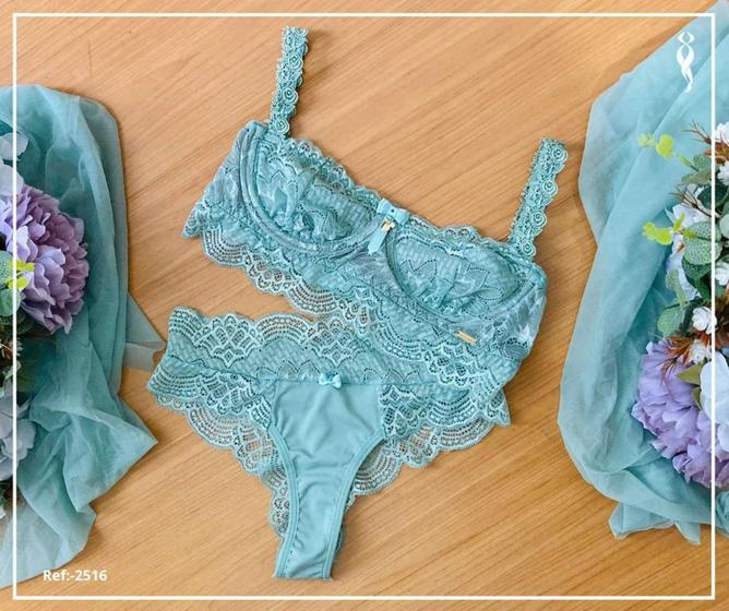 Imagem de Conjunto lingerie sem bojo com aro com alças em guipir - p,m,g,gg,48