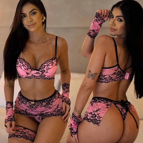 Imagem de Conjunto Lingerie Sensual Luvas Cinta Liga Calcinha fio Dental Renda Bicolor