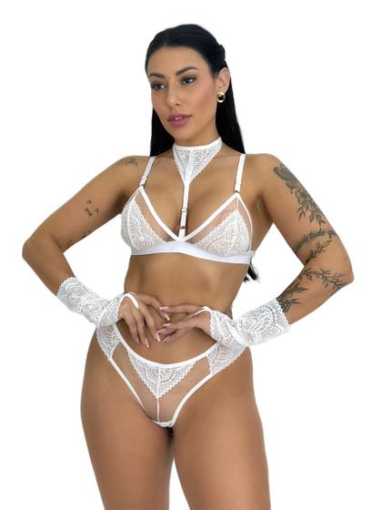 Imagem de conjunto lingerie sexy sem bojo com luvas e gargantilha