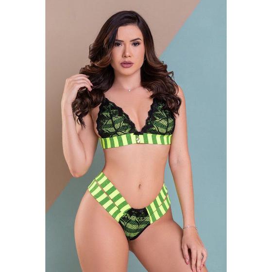 Imagem de Conjunto lingerie verde listrado neon elástico duas tiras sexy luxo