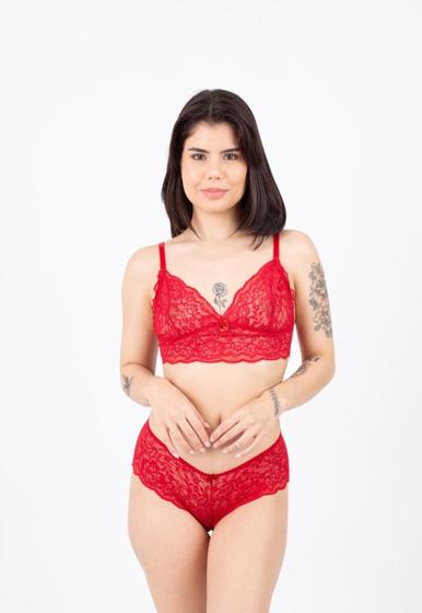 Imagem de Conjunto lingerie vermelha transparente sutiã cropped calcinha caleçon