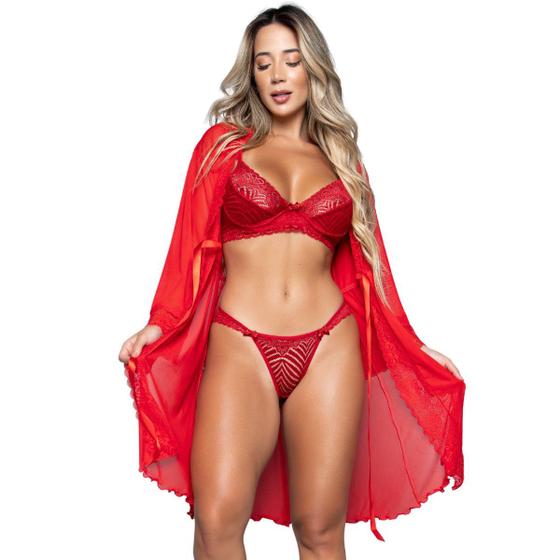 Imagem de Conjunto Lingerie WLS Modas Sem bojo e Robe Sexy em Renda e Tule Linha Noite