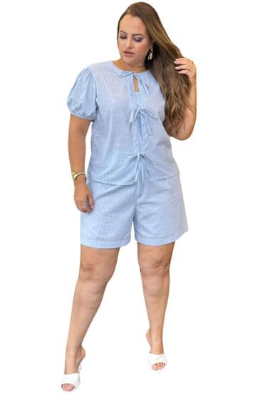 Imagem de Conjunto Listrado Feminino com Blusa e Shorts 100% Algodão