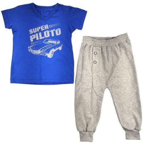 Imagem de Conjunto longo infantil camiseta curta azul super piloto calça mescla com botões