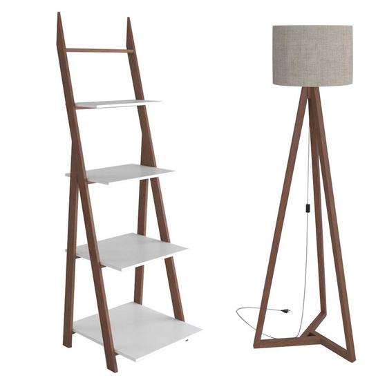 conjunto luminária de chão altura 158 cm mais estante 4 prateleiras MDF