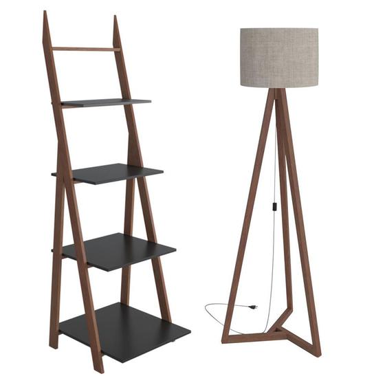 conjunto luminária de chão altura 158 cm mais estante 4 prateleiras MDF