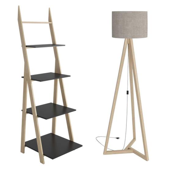 conjunto luminária de chão altura 158 cm mais estante 4 prateleiras MDF