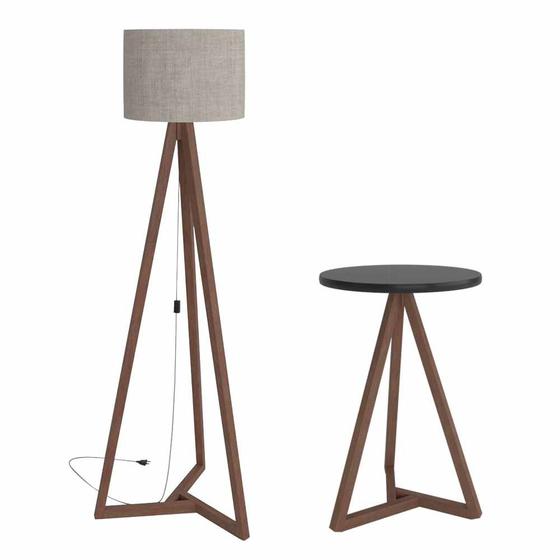 conjunto luminária de chão e mesa lateral MDF tripé altura 158 cm cor