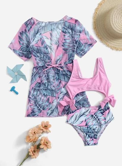 Imagem de Conjunto Maiô Infantil com Saída de Praia Rosa Estampa Tropical