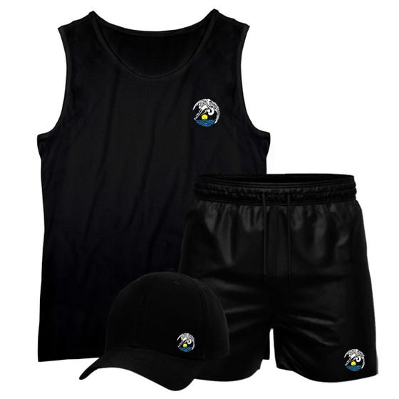 Imagem de Conjunto Masculino Short Tactel Camiseta Regata Algodão e Boné Garça