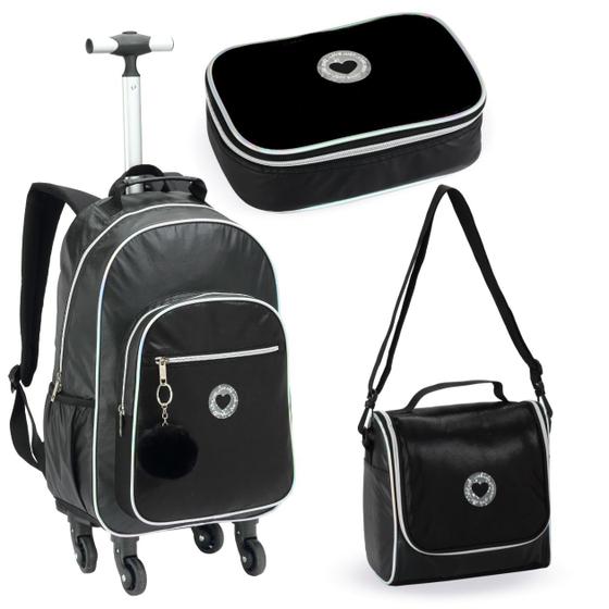 Imagem de Conjunto Material Escolar Mochila de Rodinhas + Lancheira térmica + Estojo Menina Criança Adolescente Aulas Resistente Zíper Feminino