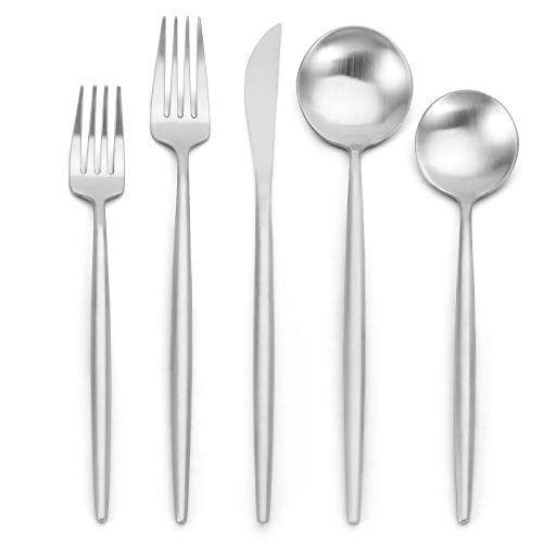 Imagem de Conjunto matte silverware, Oliviola 20-Piece Inoxidável Aço Flatware Cutlery Set Service para 4, Conjunto de utensílios de cozinha de acabamento de cetim, cofre de lava-louças