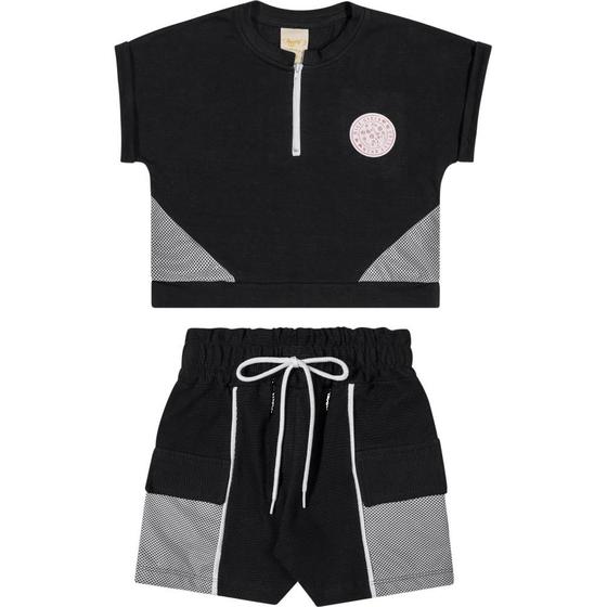 Imagem de Conjunto Menina Blusa em Cotton e Shorts em Moletinho Bubble na cor Preto - Angerô