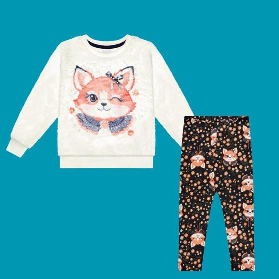 Imagem de Conjunto Menina Casaco Pelo Fluffly e Legging Moletinho Soft Fox Marinho - Alakazoo