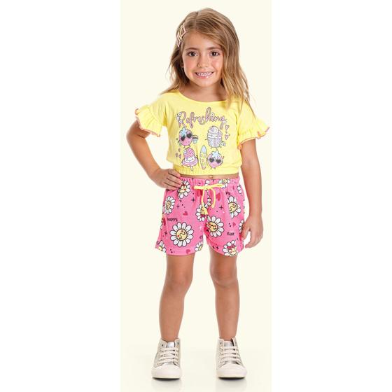 Imagem de Conjunto Menina Cropped Amarelo e Short Moletinho Estampado