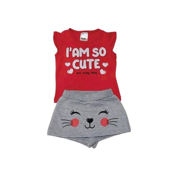 Imagem de Conjunto Menina Cute Vermelho/Mescla Blusa Manga Curta e Shorts/Saia 