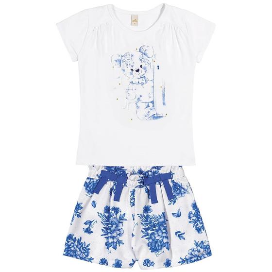 Imagem de Conjunto Menina Glinny Blusa Cotton Short Tecido Alfaiataria Branco/Azul