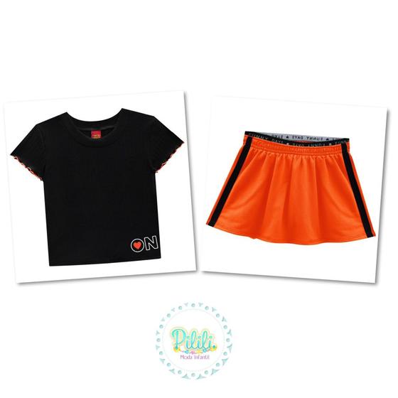 Imagem de Conjunto Menina Kyly Cropped Ribana Saia Moletinho Preto/Laranja