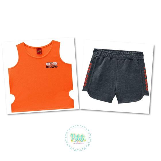 Imagem de Conjunto Menina Kyly Regata Cropped Ribana Shorts Moletom Leve Laranja/Mescla Escuro