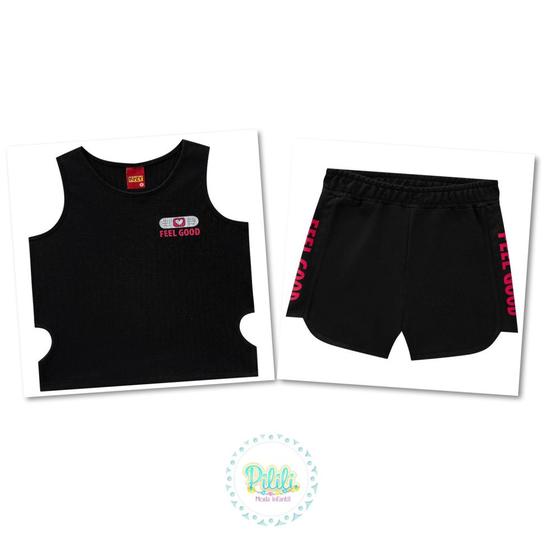 Imagem de Conjunto Menina Kyly Regata Cropped Ribana Shorts Moletom Leve Preto