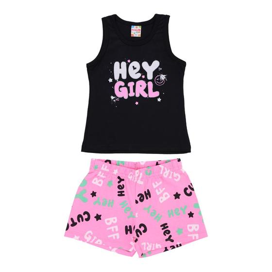 Imagem de Conjunto Menina Roupa Infantil Regata + Shorts Estampa Hey Girl Versátil Moderninho Brandili