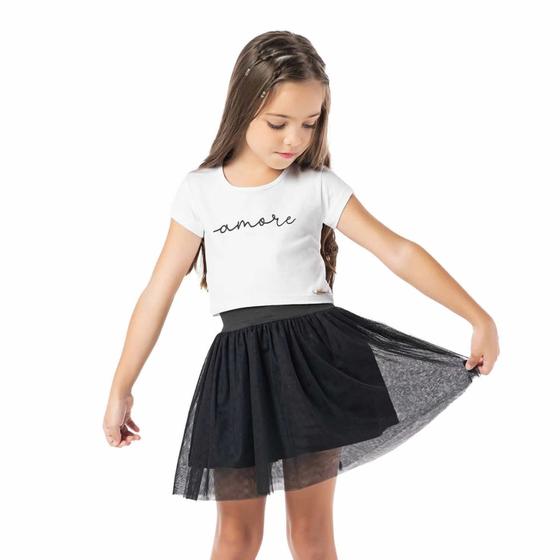 Imagem de Conjunto Meninas Blusa Cropped Branca Amore e Saia Tutu Preta Vrasalon