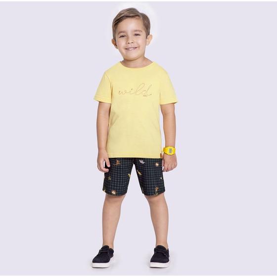 Imagem de Conjunto Menino Alakazoo Camiseta em Algodão e Bermuda em Moletom - Amarelo/Marinho