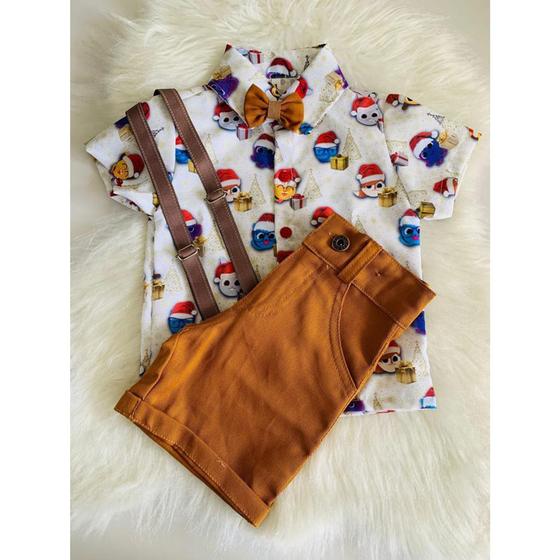 Imagem de Conjunto Menino Infantil Luxo Bolofofo Natal + Bermuda Caramelo