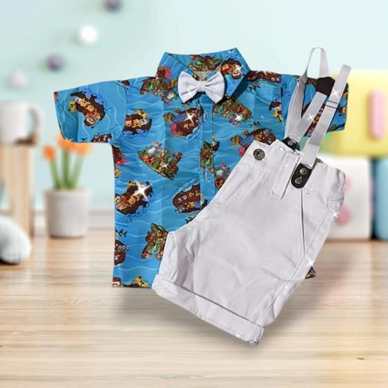 Imagem de Conjunto Menino Infantil Luxo Temático Arca de Noé +Bermuda Branca RF02