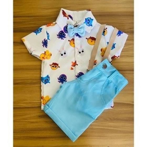 Imagem de Conjunto Menino Infantil Luxo Temático Bolofofo +Bermuda Azul Claro +Suspensorio