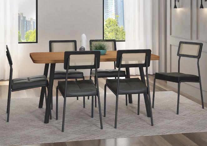 Imagem de Conjunto Mesa 1,60 Carraro Stellar Nogal-Preto Com 6 Cadeiras Lux Grafite / Preto 