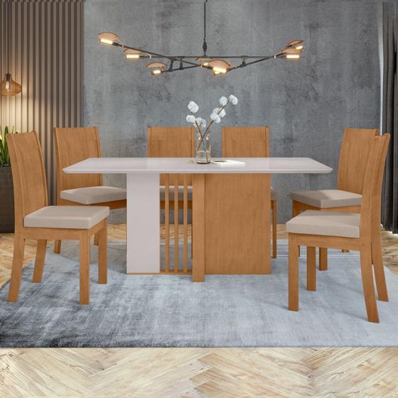 Imagem de Conjunto Mesa 160cm Astrid com 6 Cadeiras Athenas Amêndoa Clean/Off White/Rinzai Bege